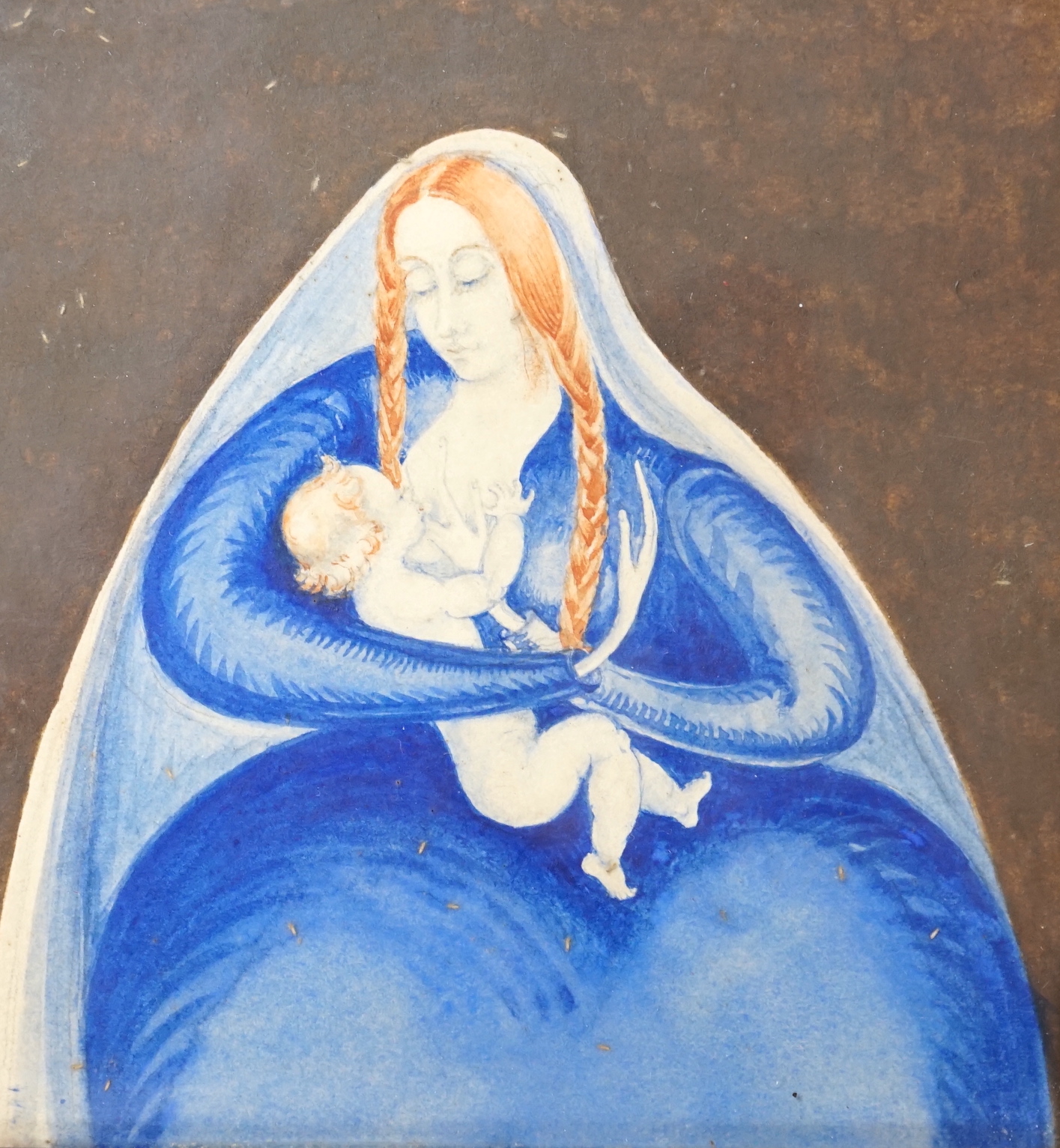 German School, watercolour on card, The Virgin and child, Karl Nagel label and indistinct ink inscription verso, 14 x 13cm, housed in an ebonised frame